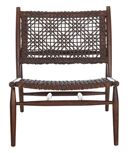 Transitional Brown Leather Weave Accent Chair with Sungkai Wood