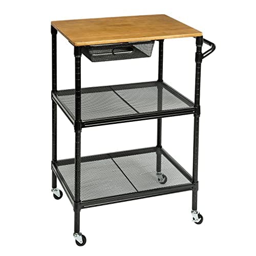 Matte Black Steel Mesh Kitchen Cart with Solid Wood Cutting Board