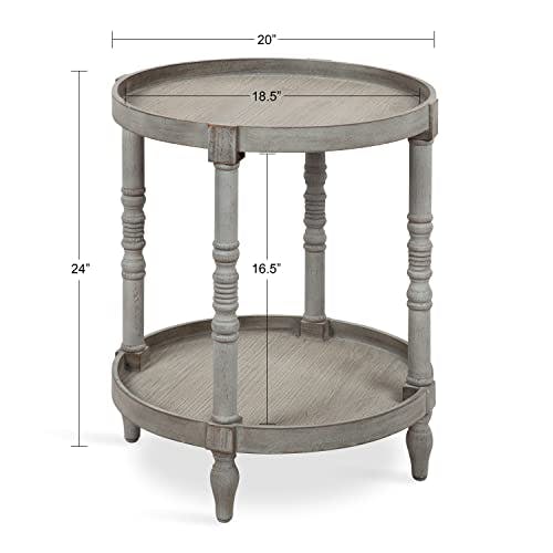 Bellport Classic Round Wood Side Table with Lower Shelf, Distressed Gray