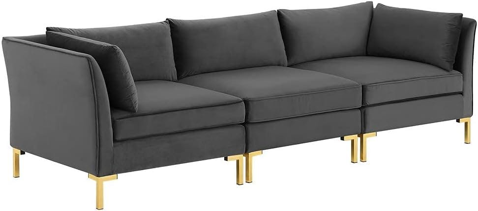 Glam Deco Gray Velvet 103" Sectional Sofa with Gold Legs
