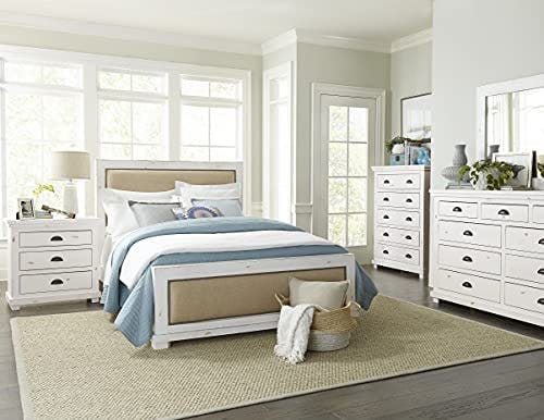 Rustic Linen-Trim King Upholstered Bed with Nailhead Detail in Beige