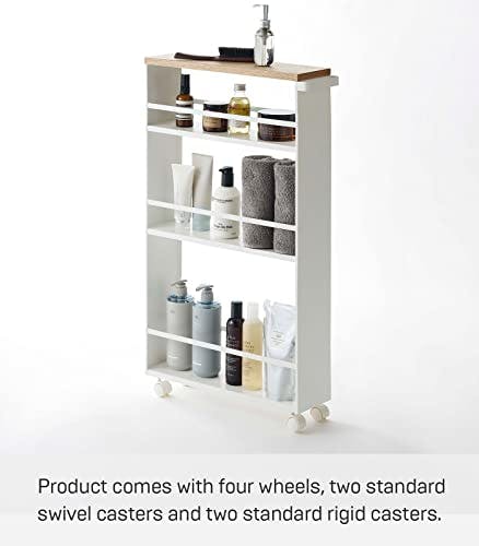 Slimline Tower White Steel Three-Tier Rolling Storage Cart with Wooden Accent