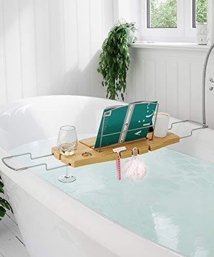 Luxury Bamboo Freestanding Bathtub Caddy with Wine Glass Holder