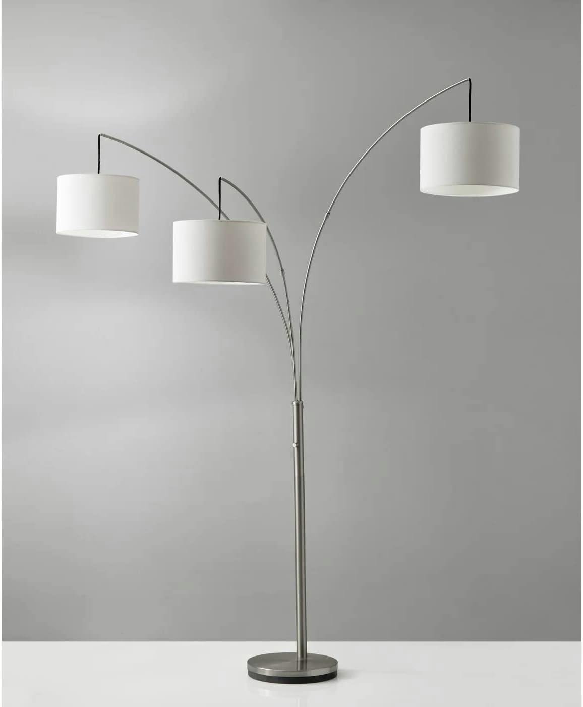 Trinity Brushed Steel 74'' Adjustable Arc Floor Lamp with White Shades