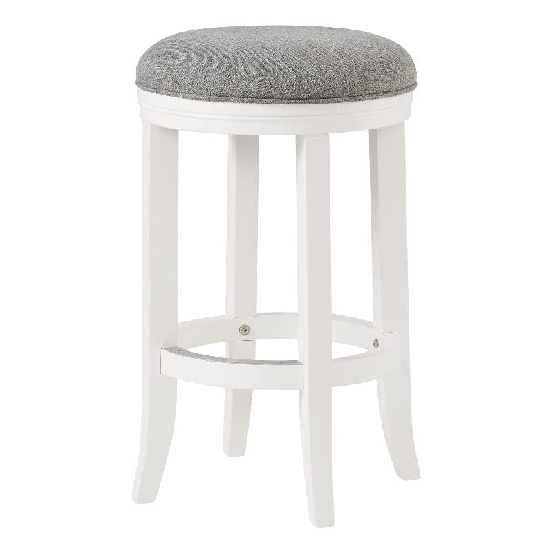 Elegant Backless Counter Height Stool in White Leather & Rubberwood