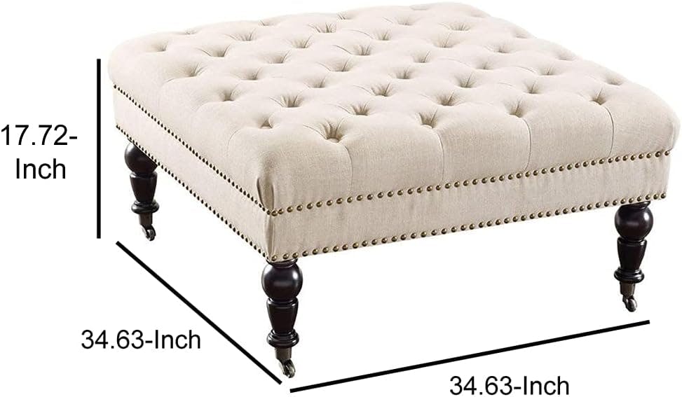 Isabelle 35" Tufted Linen Ottoman with Nailhead Accents