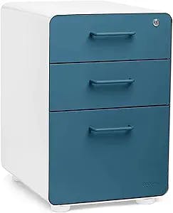 Poppin Stow 3-Drawer Metal Filing Cabinets for Home Office, Powder-Coated Steel File Cabinet Organizer for Hanging File Folders, Under Desk Storage Box with Drawers and Lock, White and Slate Blue