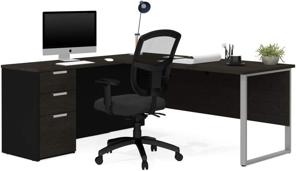 Contemporary Black Wood Corner Office Desk with Filing Cabinet