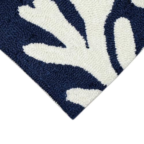 Coastal Charm Navy Blue and White Coral Motif Hand-Tufted Rug