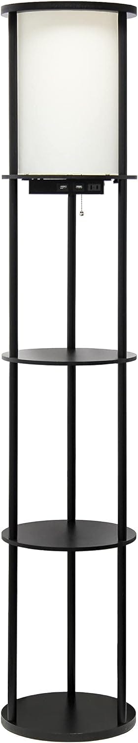 Elegant 62.5" Black Etagere Floor Lamp with USB Ports and Linen Shade