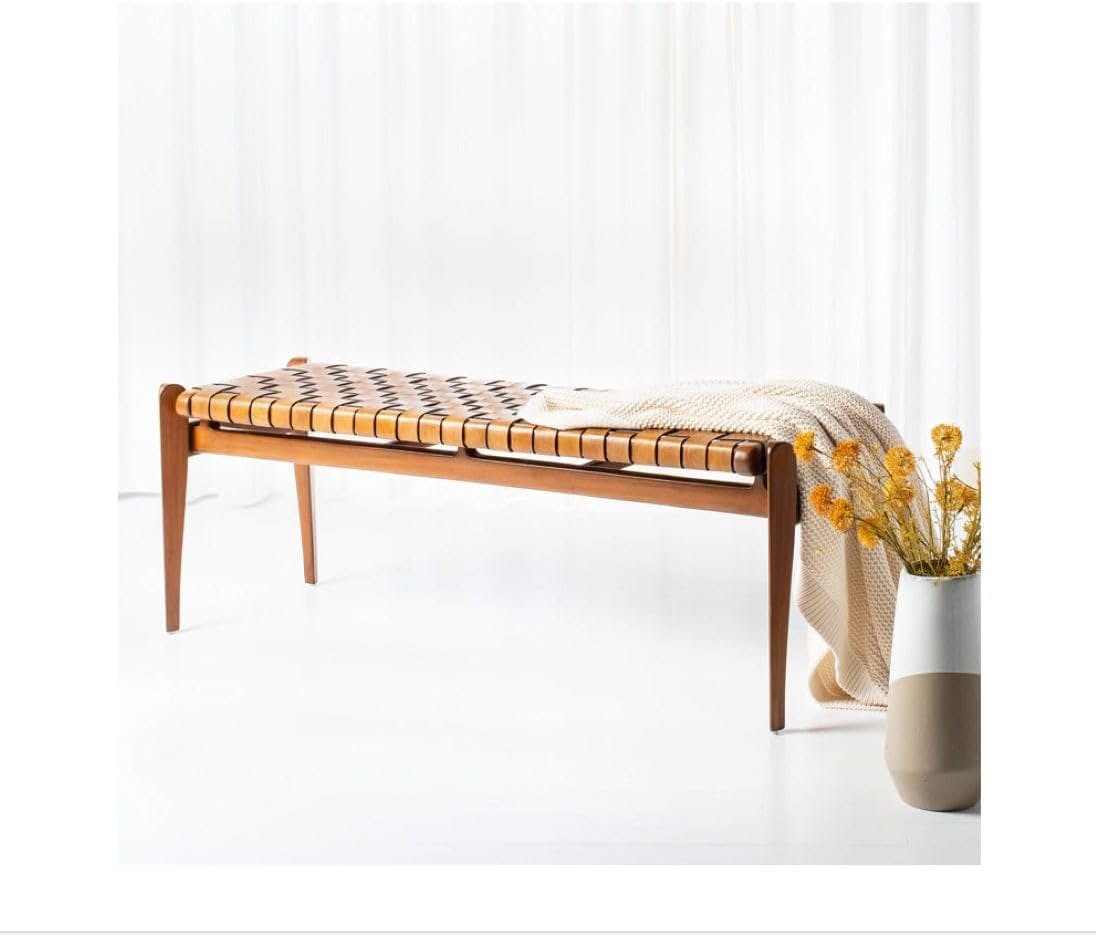 Dilan 48'' Mahogany Wood and Top Grade Leather Woven Bench - Brown
