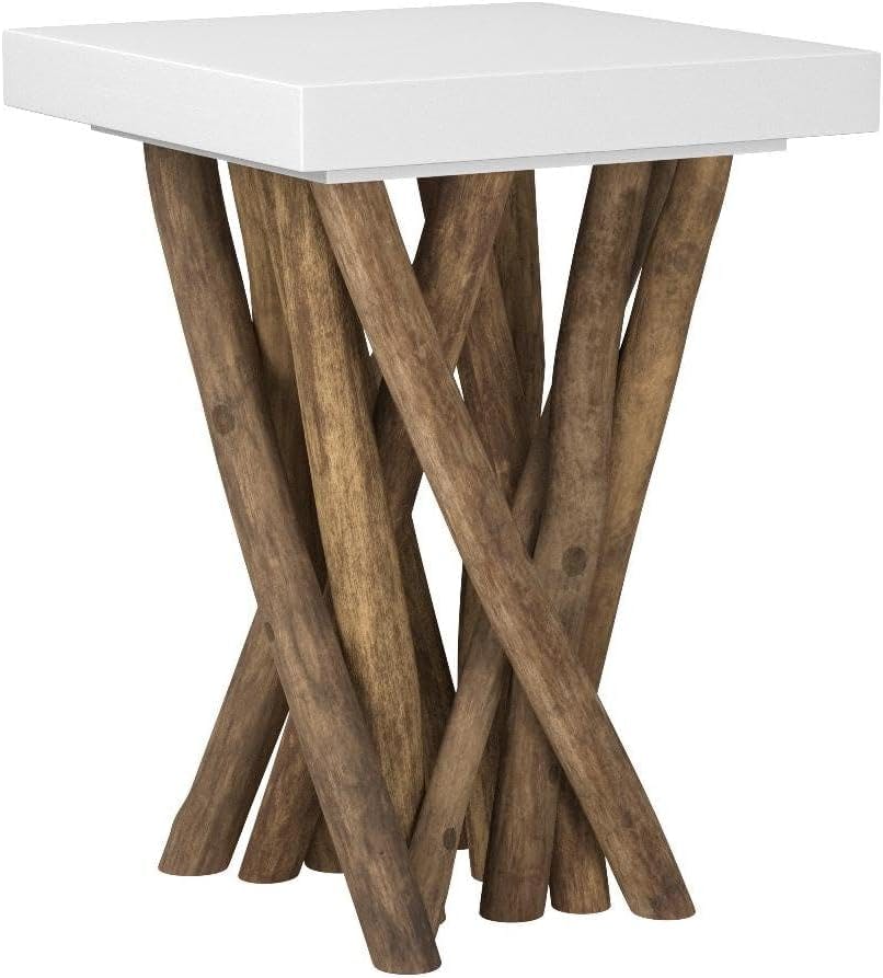 Transitional Hartwick 15'' White Square Side Table with Reclaimed Teak Legs