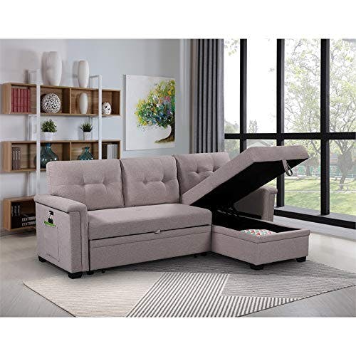 Ashlyn Light Gray Tufted Fabric Sectional with USB Ports and Storage