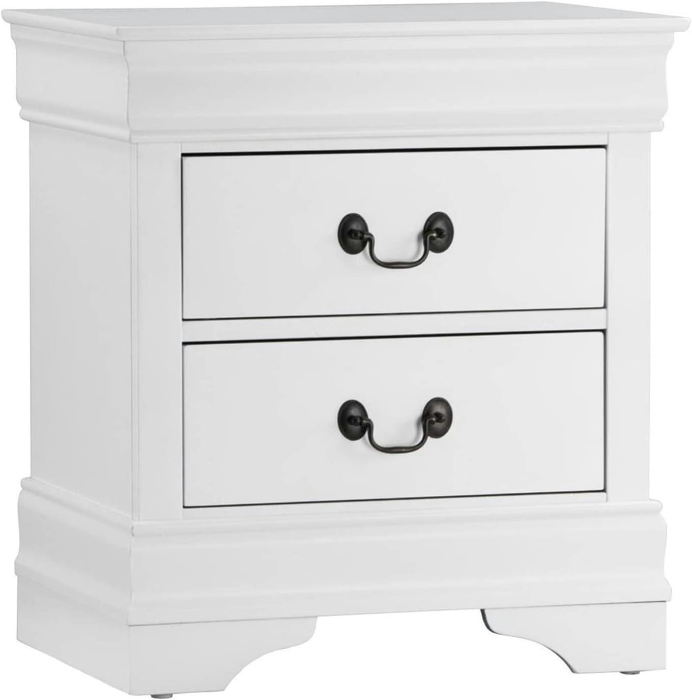 Louis Philippe Inspired White Wood 2-Drawer Nightstand with Brass Tone Handles