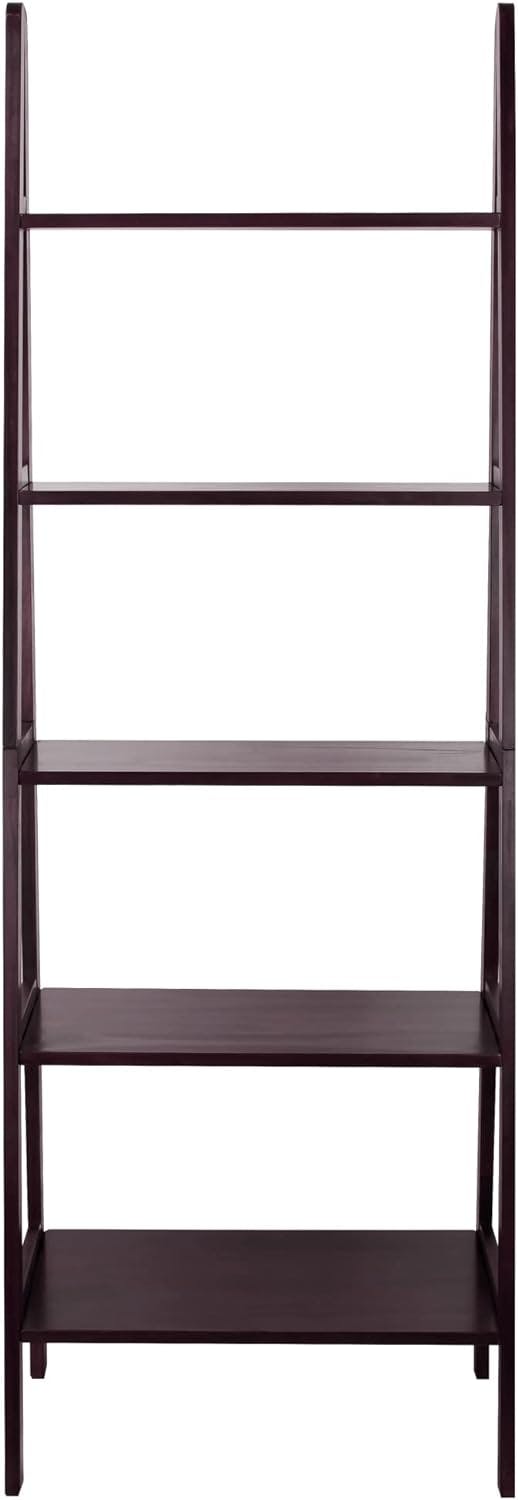 Espresso Solid Wood Adjustable 5-Shelf Ladder Bookcase