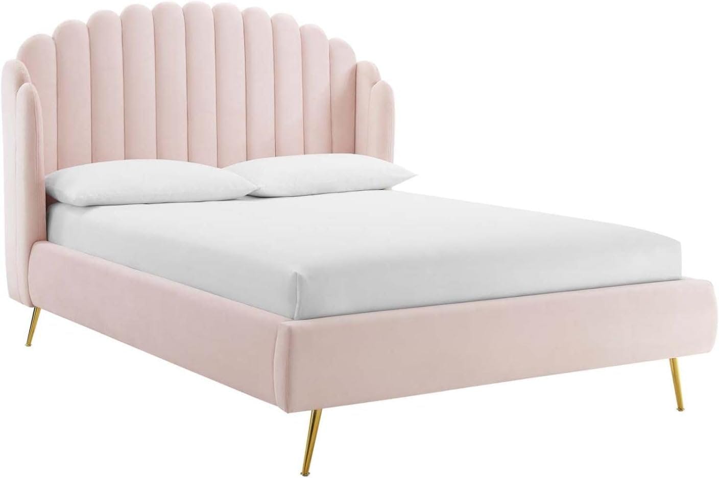 Elegant 70'' Pink Velvet Queen Wingback Platform Bed with Gold Legs