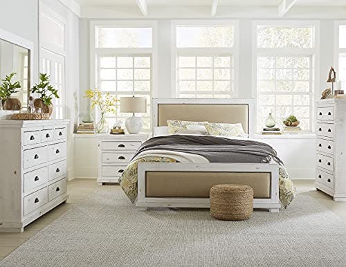 Rustic Linen-Trim King Upholstered Bed with Nailhead Detail in Beige