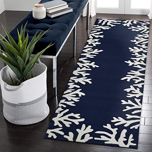 Capri Navy Blue and White Coral Motif Hand-Tufted Area Rug