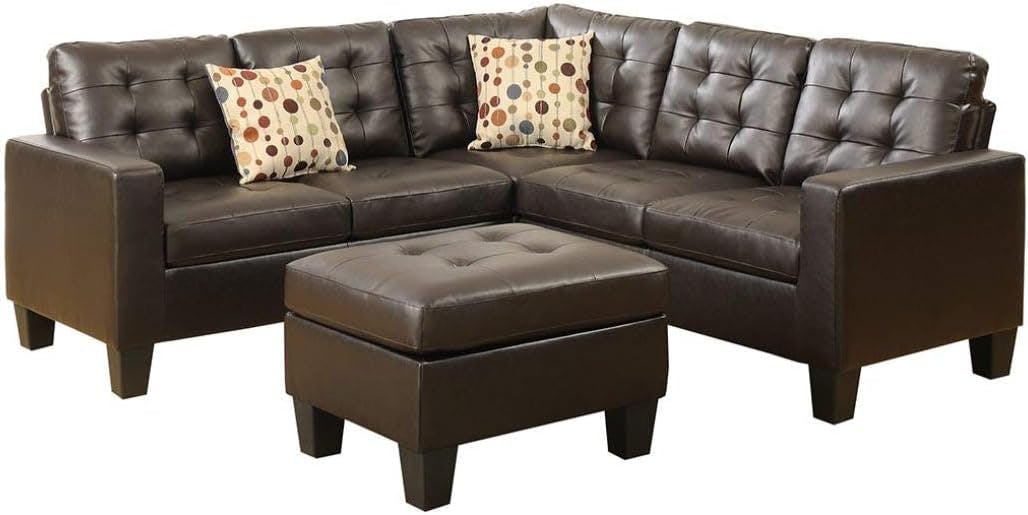 Espresso Faux Leather Tufted 4-Piece Sectional with Ottoman