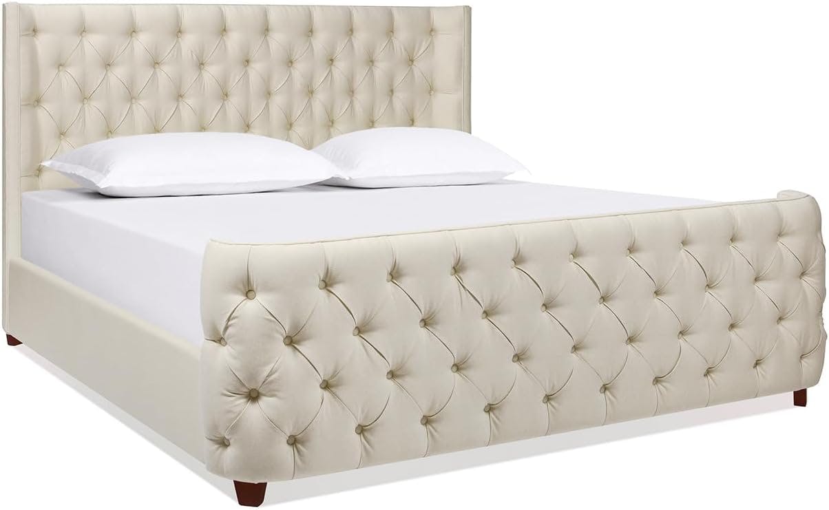 Elegant Geneva King-Sized Linen Upholstered Bed with Curved Wing Headboard