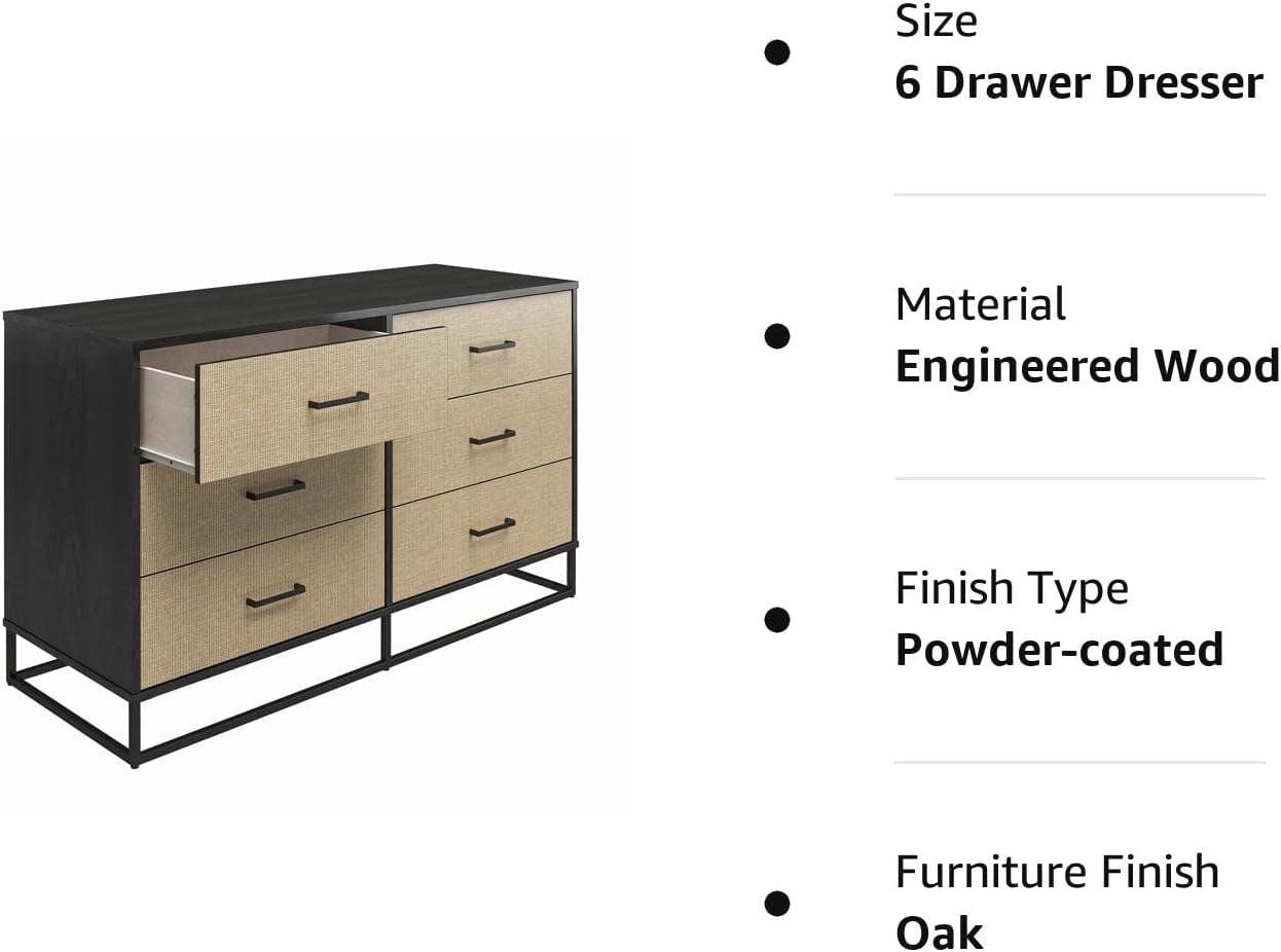 Coastal Black Oak & Faux Rattan 6-Drawer Dresser