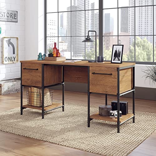 Checked Oak Industrial Double Pedestal Desk with Metal Frame