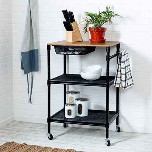 Matte Black Steel Mesh Kitchen Cart with Solid Wood Cutting Board