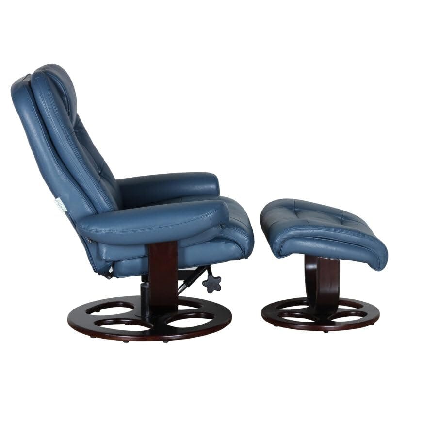 Roman Blue Leather Swivel Recliner with Cappuccino Finish
