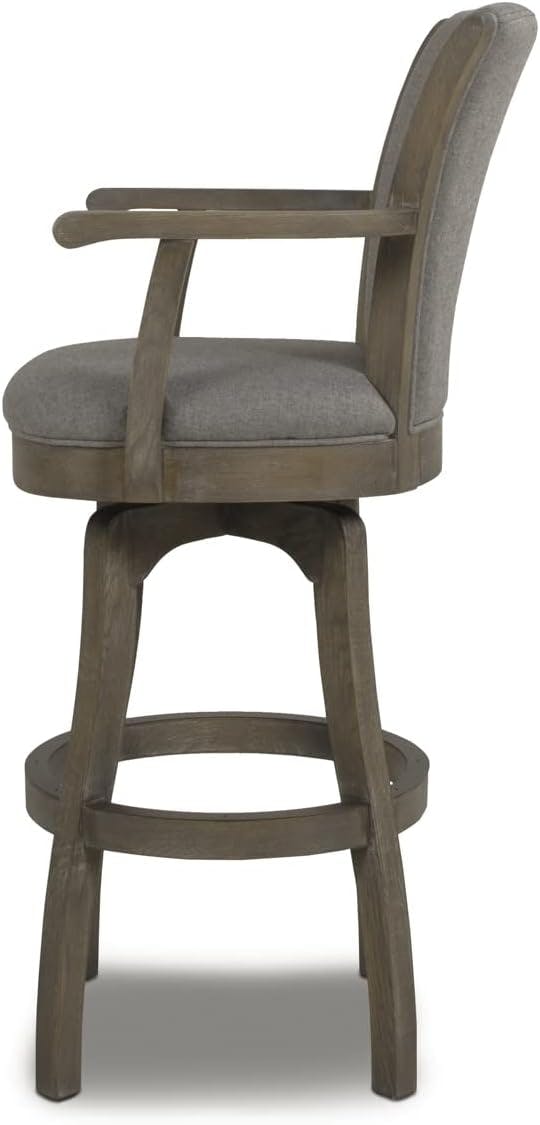 Distressed Wood Swivel Bar Stool with Gray Leather Cushion and Armrests
