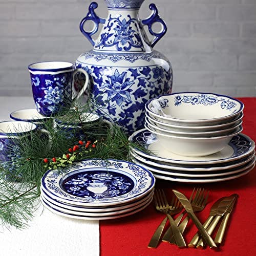 Sophisticated Blue Garden 16-Piece White Ceramic Dinnerware Set