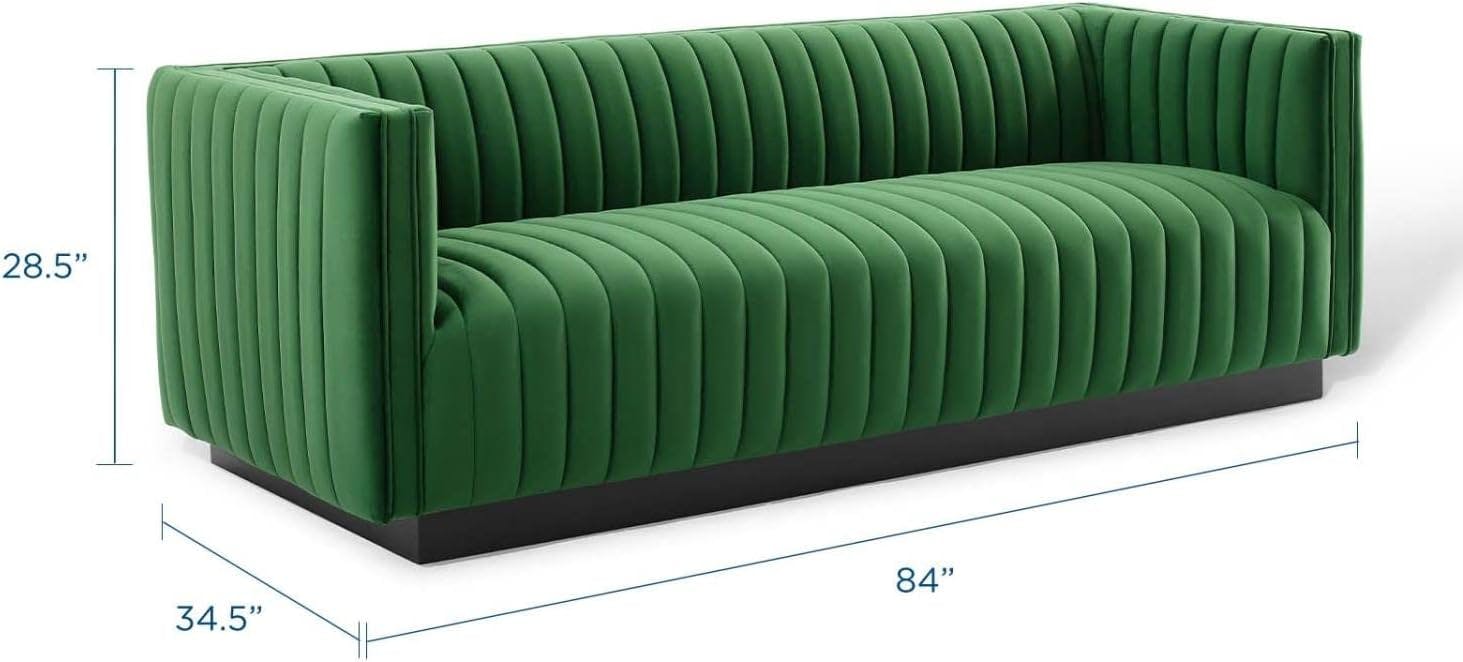 Emerald Velvet Channel Tufted 84'' Tuxedo Arm Sofa