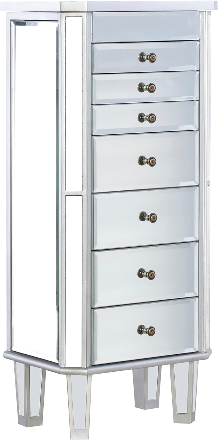 Chic Silver Wood Mirrored Jewelry Armoire with Interior Storage