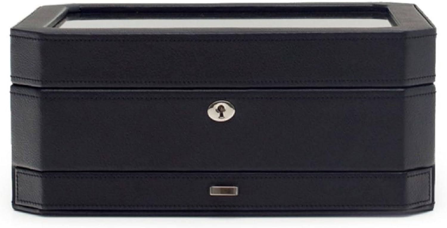 Windsor Mid-Century Black Faux Leather 10-Piece Watch Box with Drawer