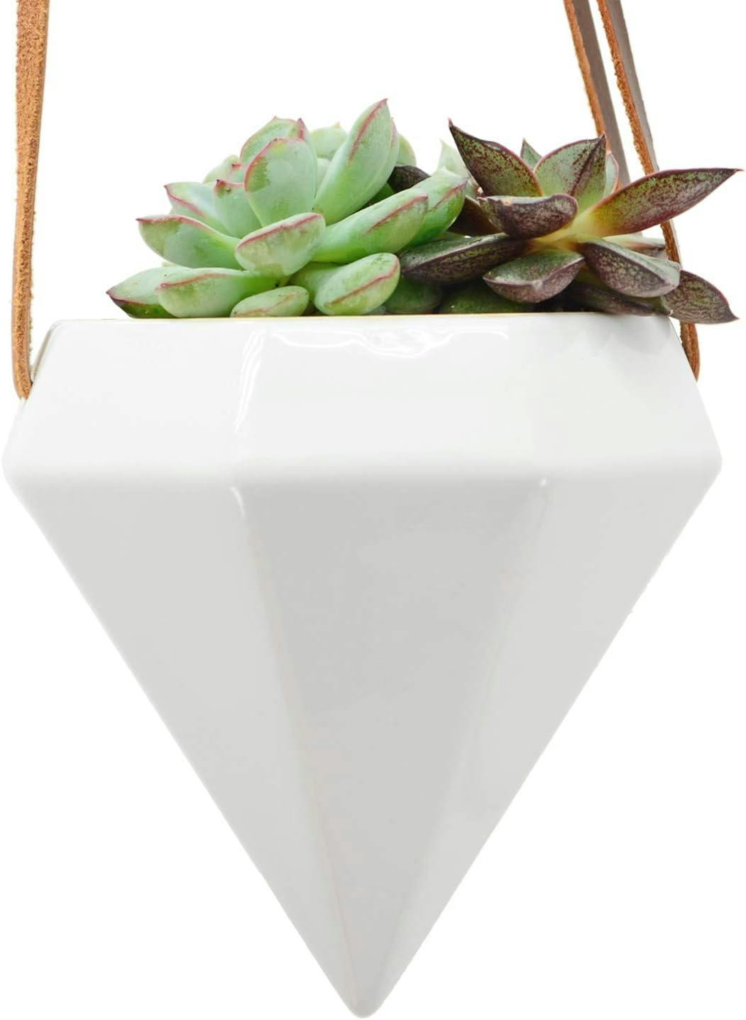 Gloss White Diamond Ceramic Hanging Planter with Leather Rope