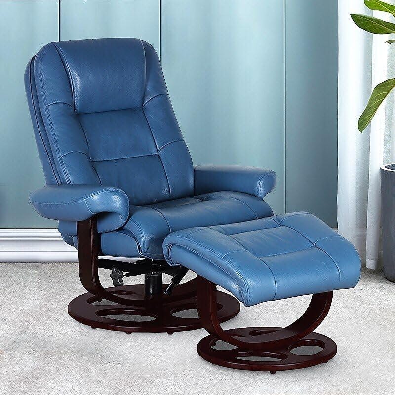 Roman Blue Leather Swivel Recliner with Cappuccino Finish