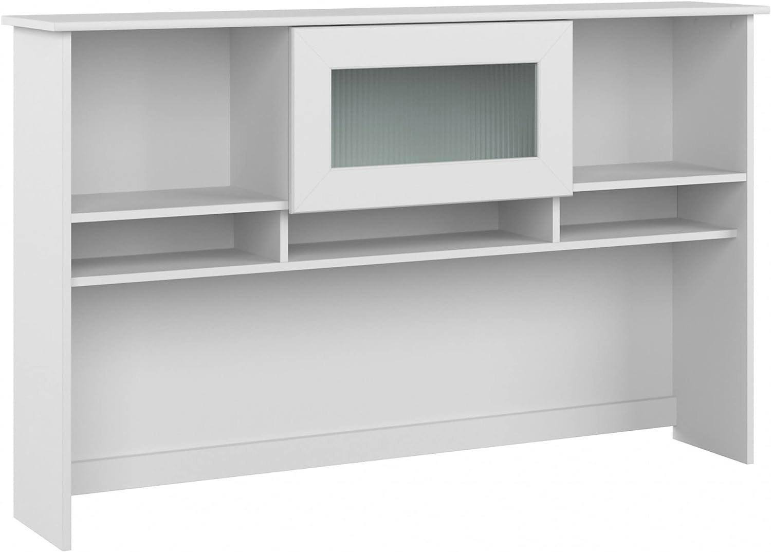 Elegant White Desk Hutch with Fluted Glass Door and Cable Management