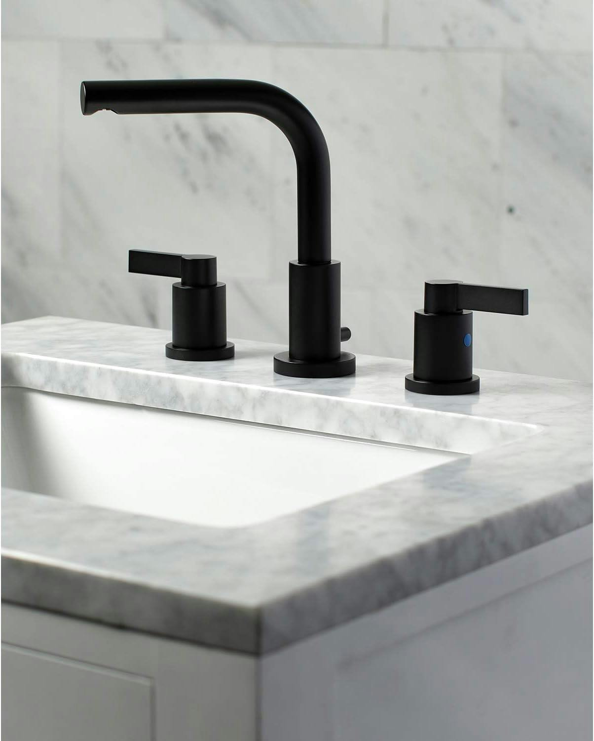 NuvoFusion 8" Matte Black Widespread Bathroom Faucet with Brass Pop-Up