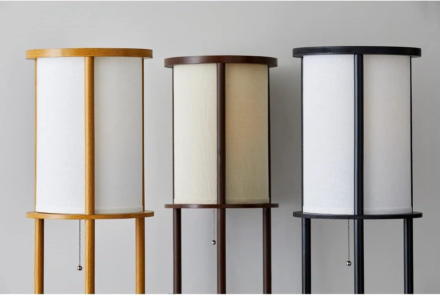 Scandinavian Modern Off-White & Natural Wood Shelf Floor Lamp