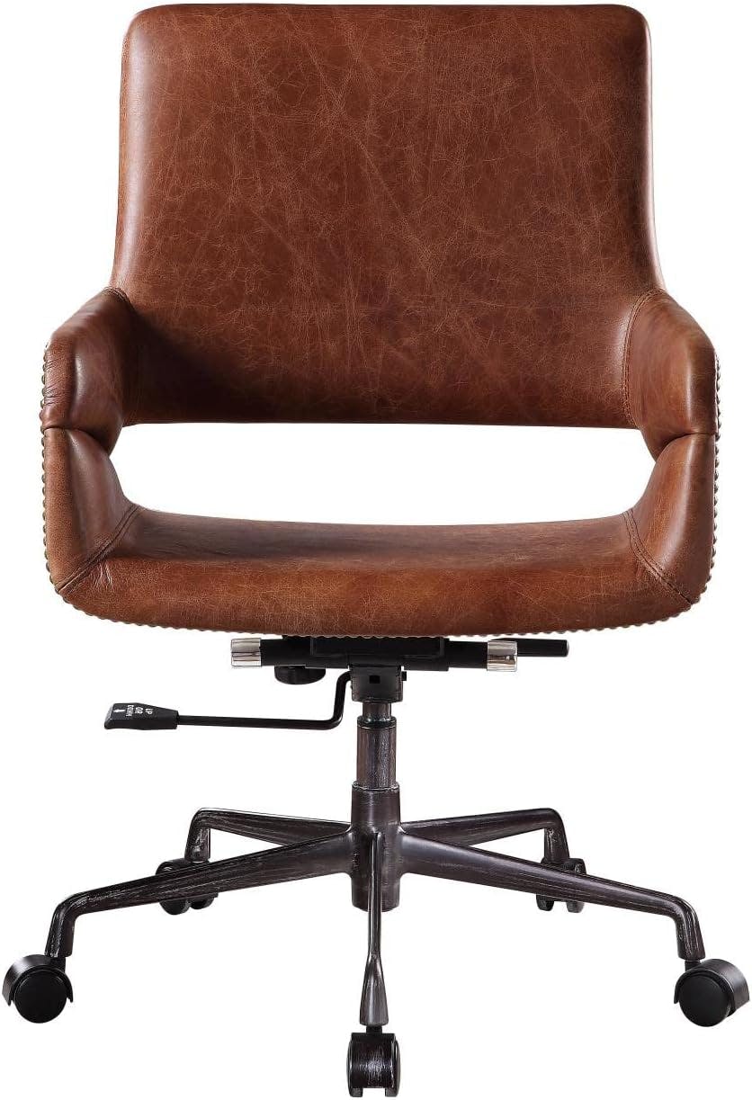 Kamau Vintage Cocoa Leather Swivel Office Chair, 24"x35"