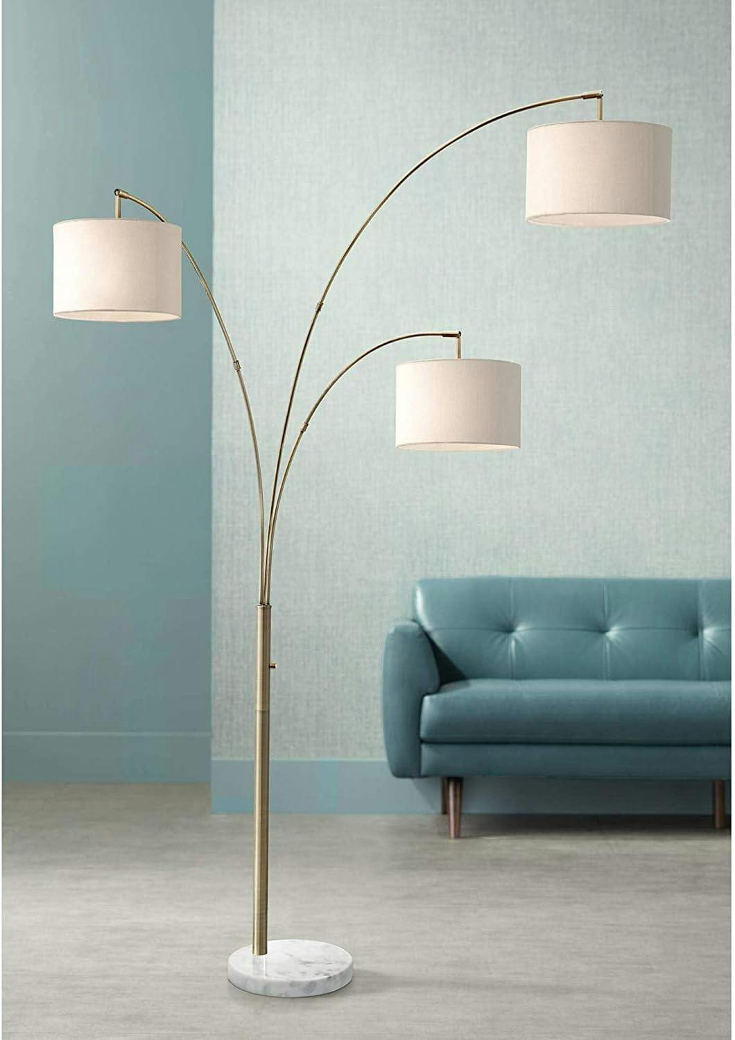 Elegant Antique Brass 3-Arm Adjustable Arc Floor Lamp with Off-White Linen Shades