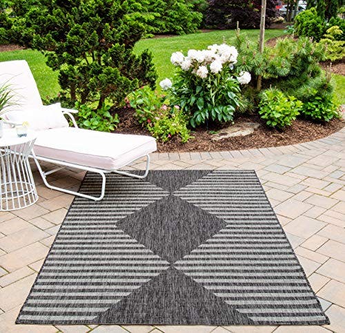 Charcoal Geometric Synthetic 2'x10' Easy-Care Stain-Resistant Rug