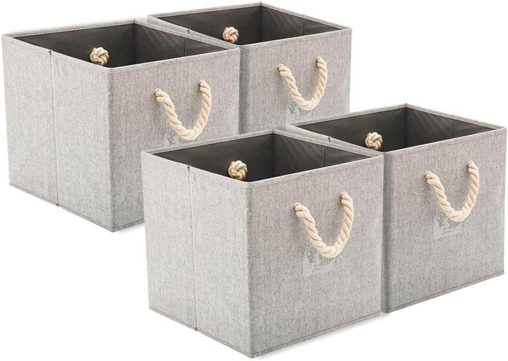 Natural Grey 12" Foldable Fabric Storage Bin with Cotton Rope Handle, Set of 4