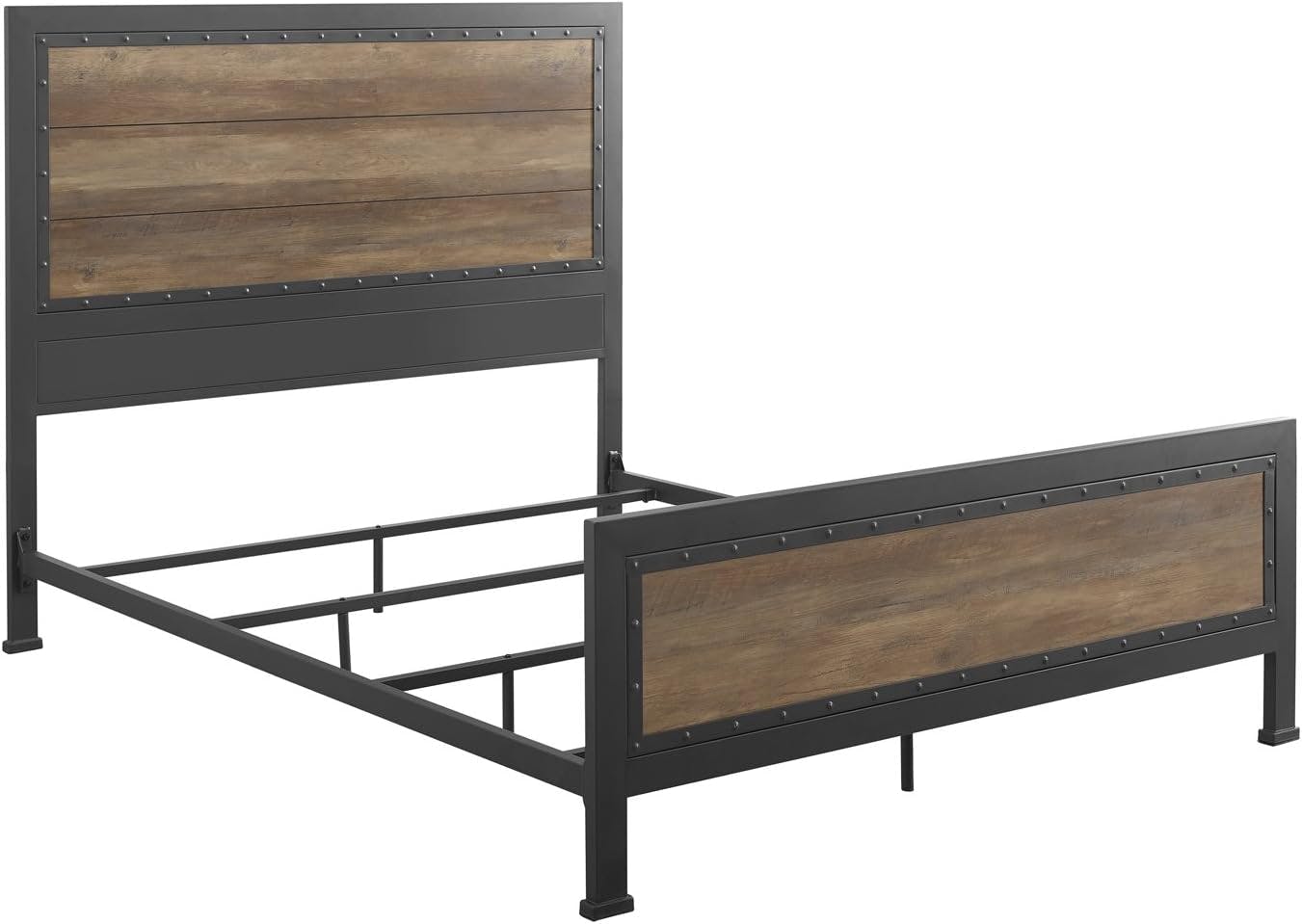 Rustic Oak Queen Bed with Metal Frame and Wood Headboard