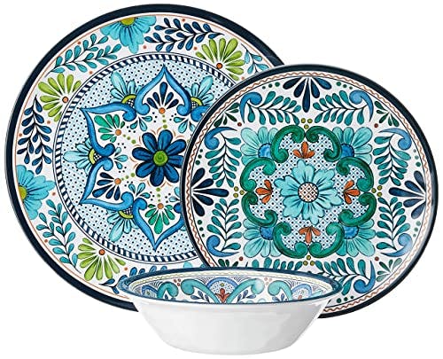 Talavera Blue Floral Melamine 12-Piece Dinnerware Set for 4