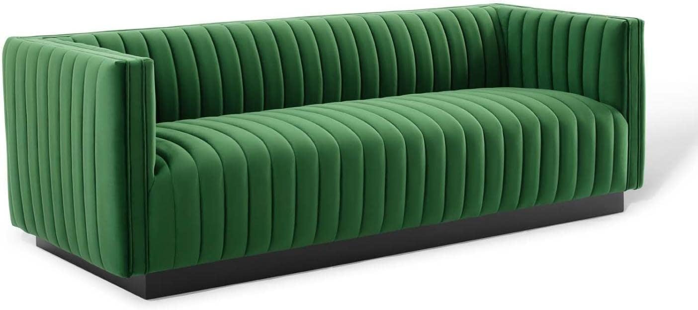 Emerald Velvet Channel Tufted 84'' Tuxedo Arm Sofa