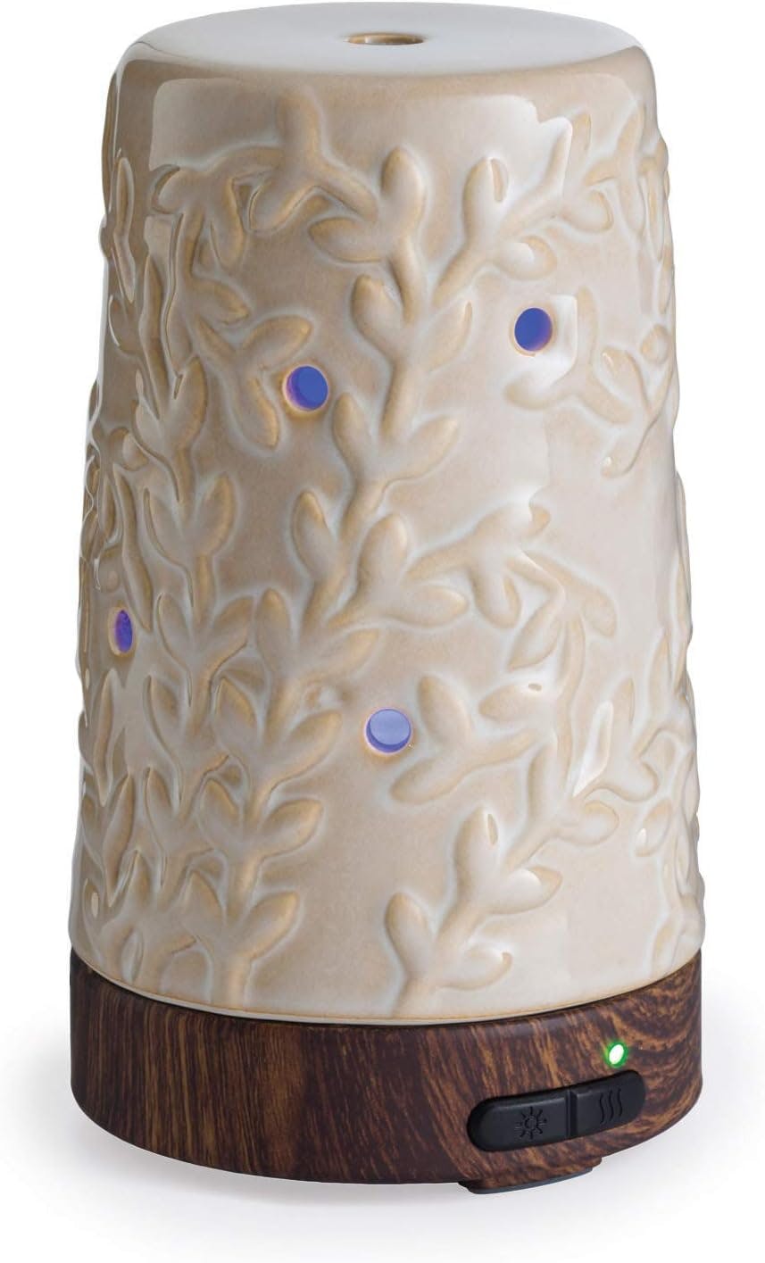 Flourish Cream Ceramic Essential Oil Diffuser with LED Lights, 100 mL