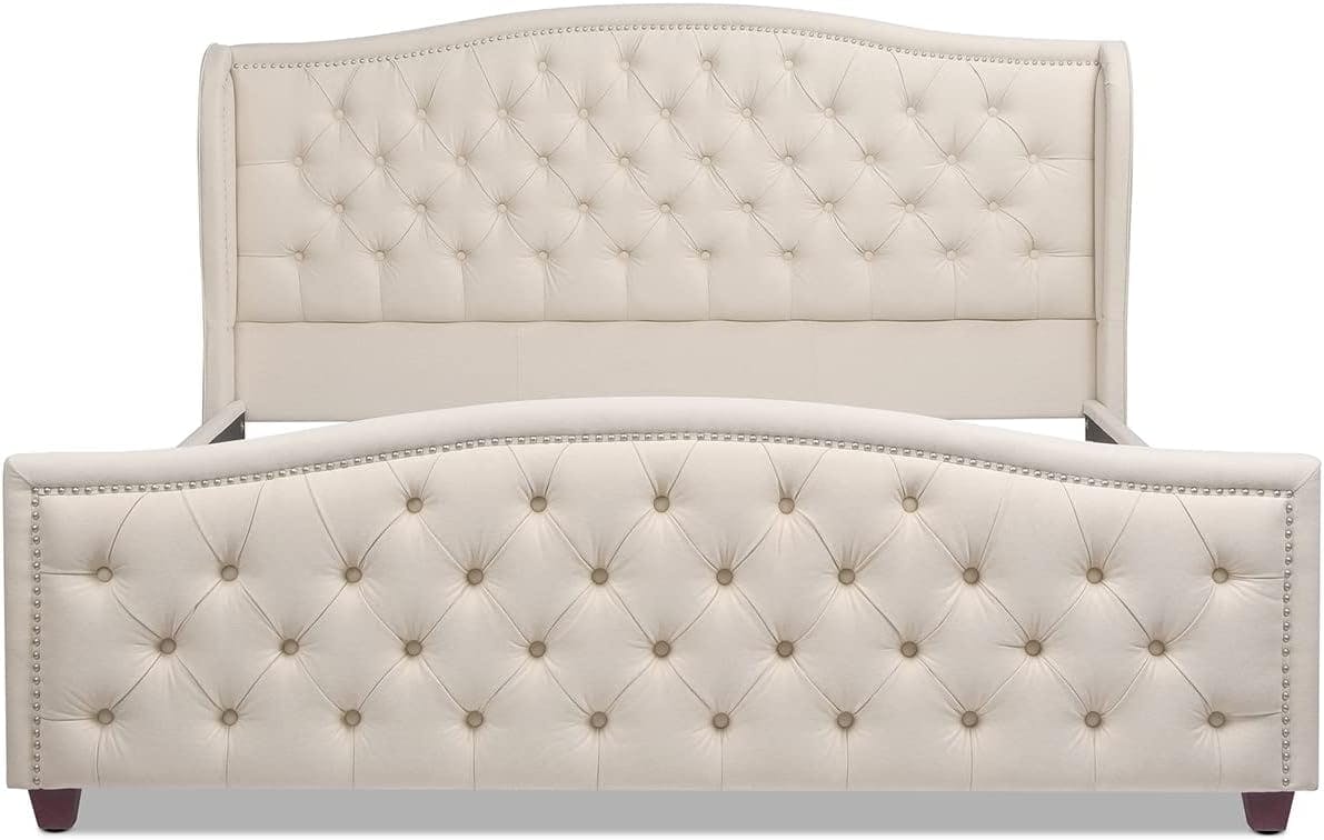 Fontana King Size Wingback Tufted Bed with Nailhead Trim in Sky Neutral Beige