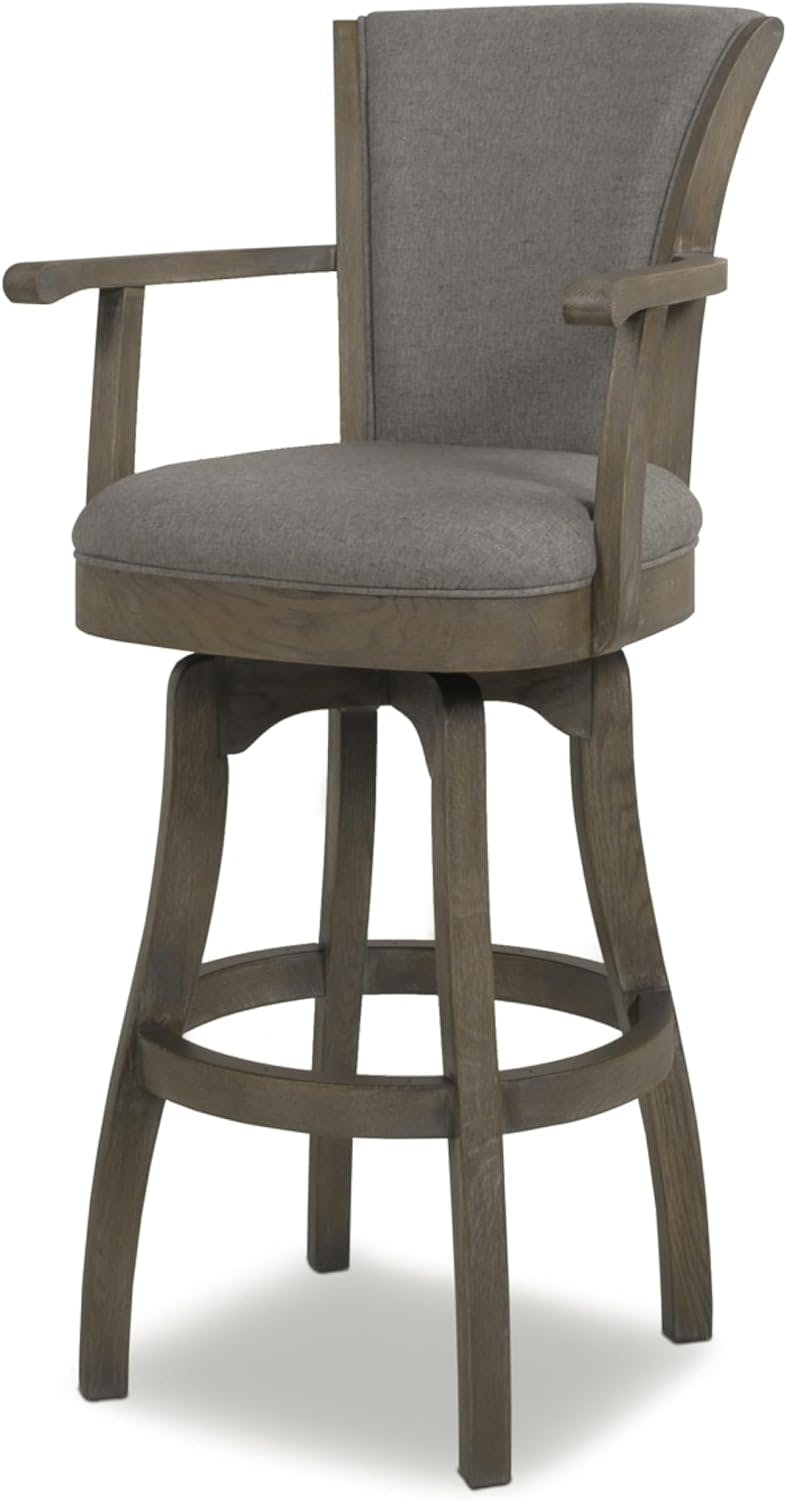 Distressed Wood Swivel Bar Stool with Gray Leather Cushion and Armrests