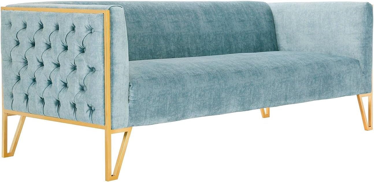 Ocean Blue Tufted Velvet Sofa with Polished Gold Metal Legs