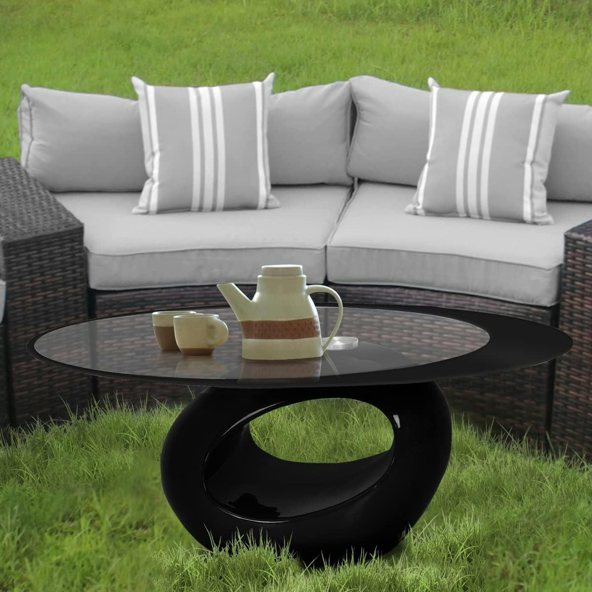 Modern Oval Black Glass Top Coffee Table with Asymmetric Wood Base